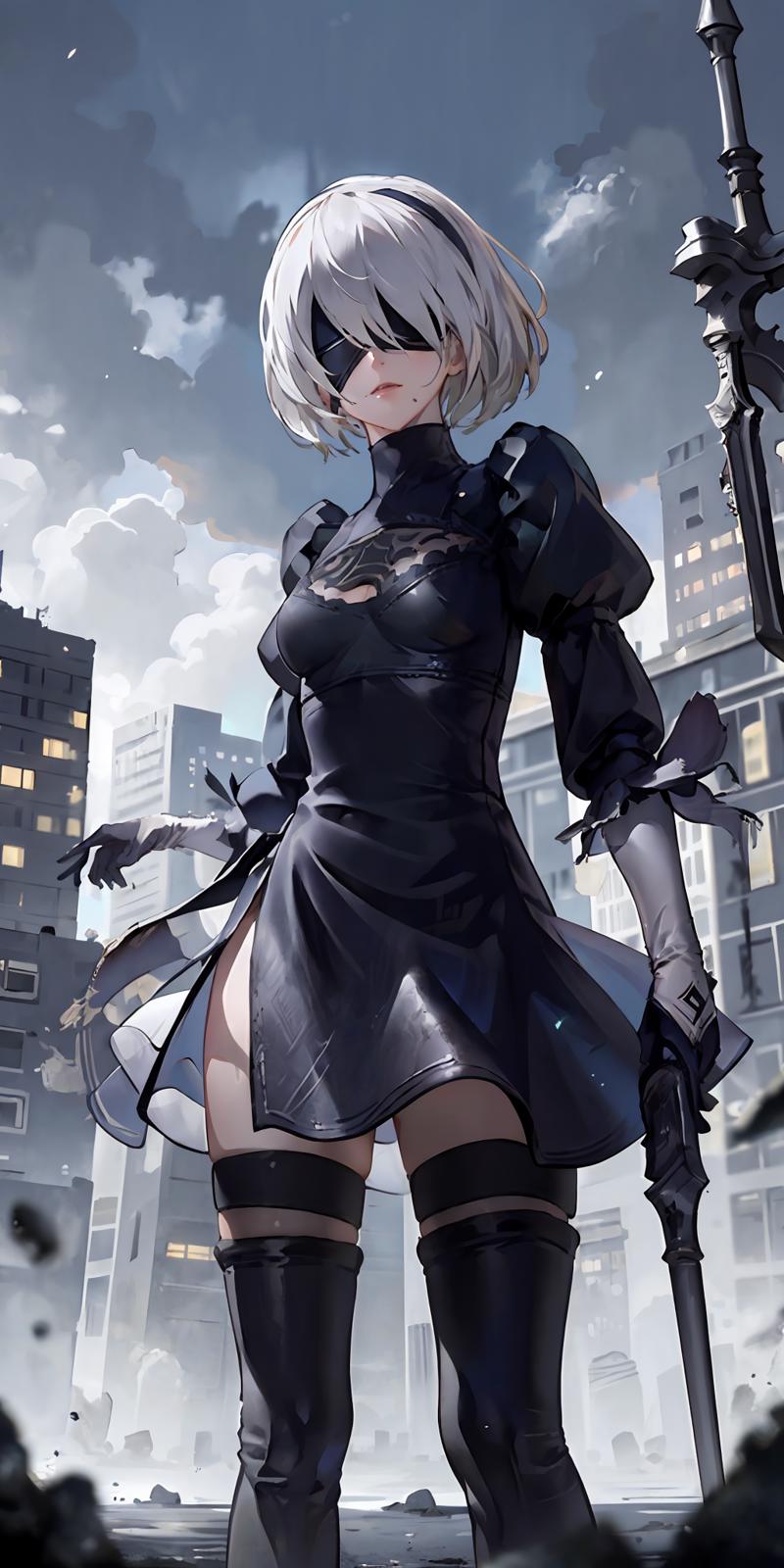 12831-2842621826-((masterpiece,best quality)),1girl,solo,blindfold, standing, ruined city,  ,holding weapon, weapon.png